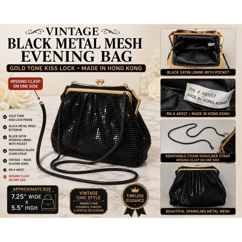 Vintage Black Metal Mesh Evening Bag Gold Tone Kiss Lock Made in Hong Kong